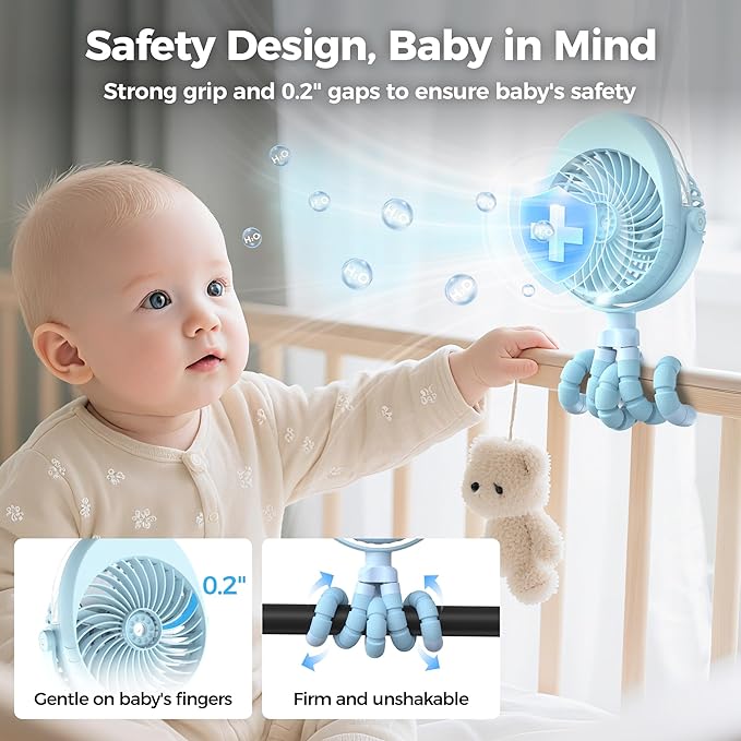2025 Upgarded 4000mAh Misting Baby Stroller Fan, Rechargeable Battery Operated,Max 15Hrs Cooling,50ml Portable Water Sprayer Misting Fan with Flexible Tripod Clip on Car Seat Crib Treadmill Bunk Bed