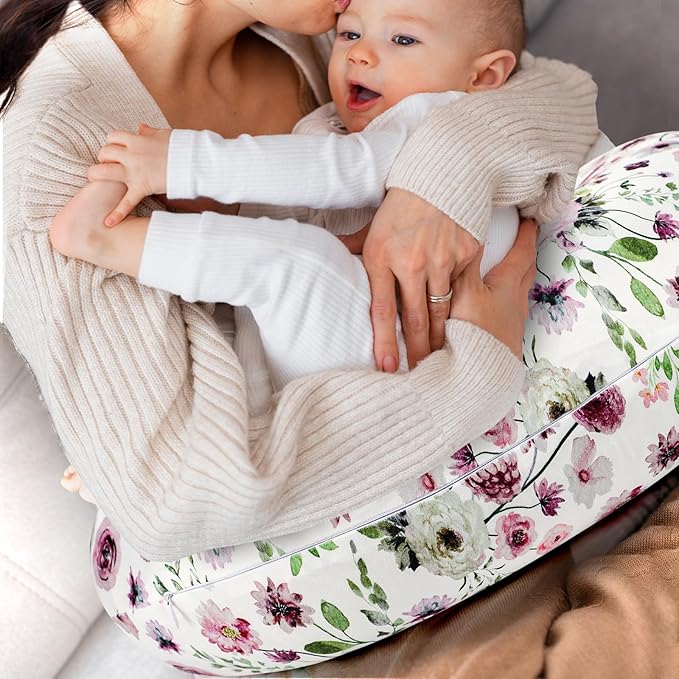 GFU Nursing Pillow Cover for Boys and Girls, Breastfeeding Pillow Case for Newborn, Soft Baby Breastfeeding Pillow Slipcover Colourful Purple Flowers, Stretchy Feeding Cover (Cover Only)