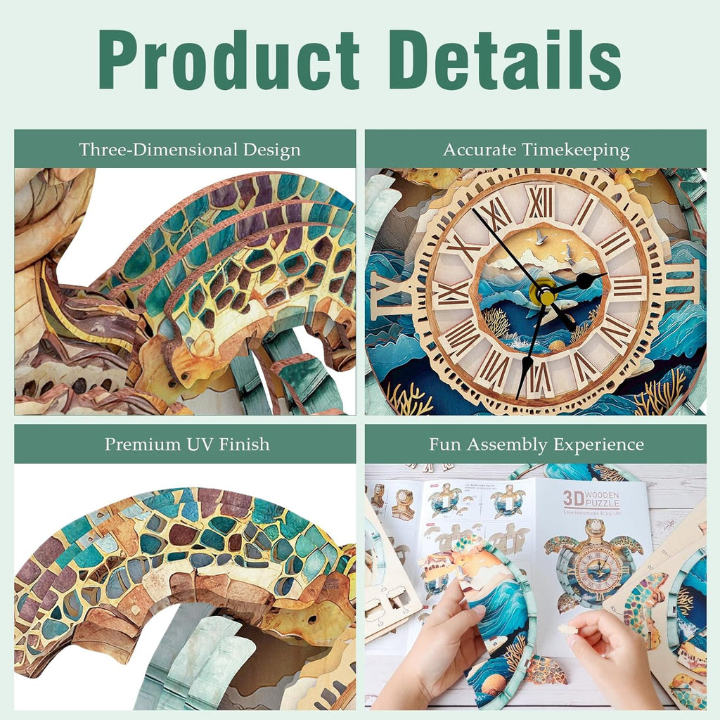 3D Puzzles for Adults Clock-Turtle Design Model Kit-Mechanical DIY Pendulum Clock with Roman Numerals-Desk Home Office Decor Personalized Gift for DIY Lovers