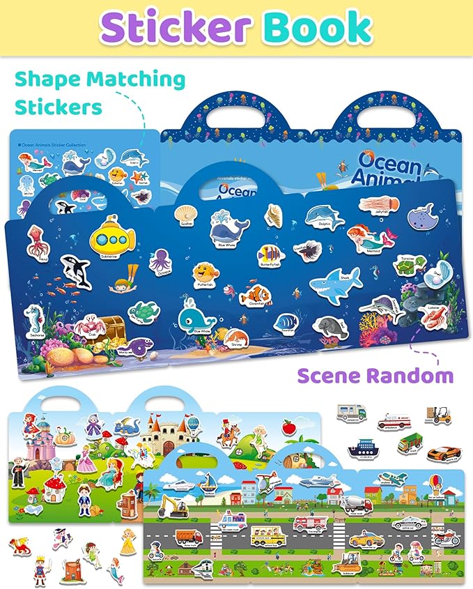 Benresive Reusable Sticker Books for Kids 2-4, Sticker Books for Toddlers 1-3 2-4, Toddler Travel Toys Activities Crafts Gifts - Ocean Animals, Fairy and Vehicle