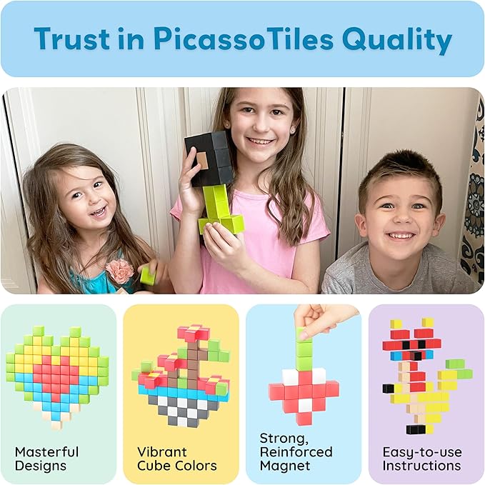 PicassoTiles 60pc Magnetic Puzzle Cube Building Set 1 Inch 3D Blocks STEM Construction Toy for Toddlers Kids Boys Girls Age 3+ Montessori Learning Travel Sensory Gift with Educational Idea Book PMC60