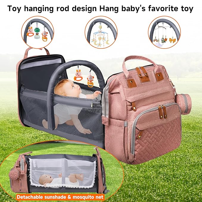 Baby Diaper Bag Backpack Diaper Bag Multifunctional Waterproof Diaper Bag with Changing Station Travel Diaper Backpack with Changing Pad, Pacifier Case & Stroller Straps(Pink)