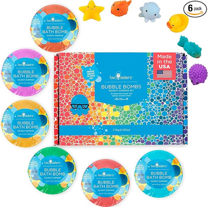 Squishy Bath Bombs for Girls & Boys with Surprise Toys Inside (6 Pack) - Large Bubble Bath Bombs & Hidden Figures, Gentle and Safe Fizzies, Made in USA, Gifts for Kids by Two Sisters