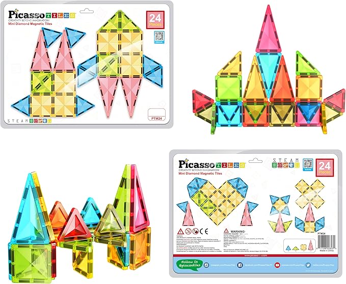 PicassoTiles Magnetic Tile 24pc Mini Diamond Magnetic Building Blocks Set Travel Size STEM Educational Construction Toy Portable Hands On Learning Creative Open Ended Play for Kids Ages 3 Plus PTM24