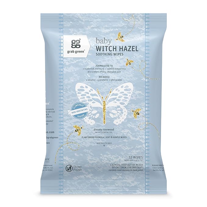 Grab Green Baby Witch Hazel Soothing Wipes, 32 Wipes, Dreamy Rosewood Scent, Plant and Mineral Based, Biodegradable, Soothe Common Skin Irritations Such as Diaper Rash, No Alcohol, Packaging May Vary
