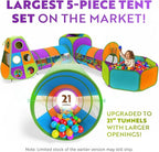 Playz 5-Piece Kids Pop up Play Tent Crawl Tunnel and Ball Pit with Basketball Hoop Playhouse for Boys, Girls, Babies, and Toddlers (Purple, Orange, Yellow, Red, Blue)