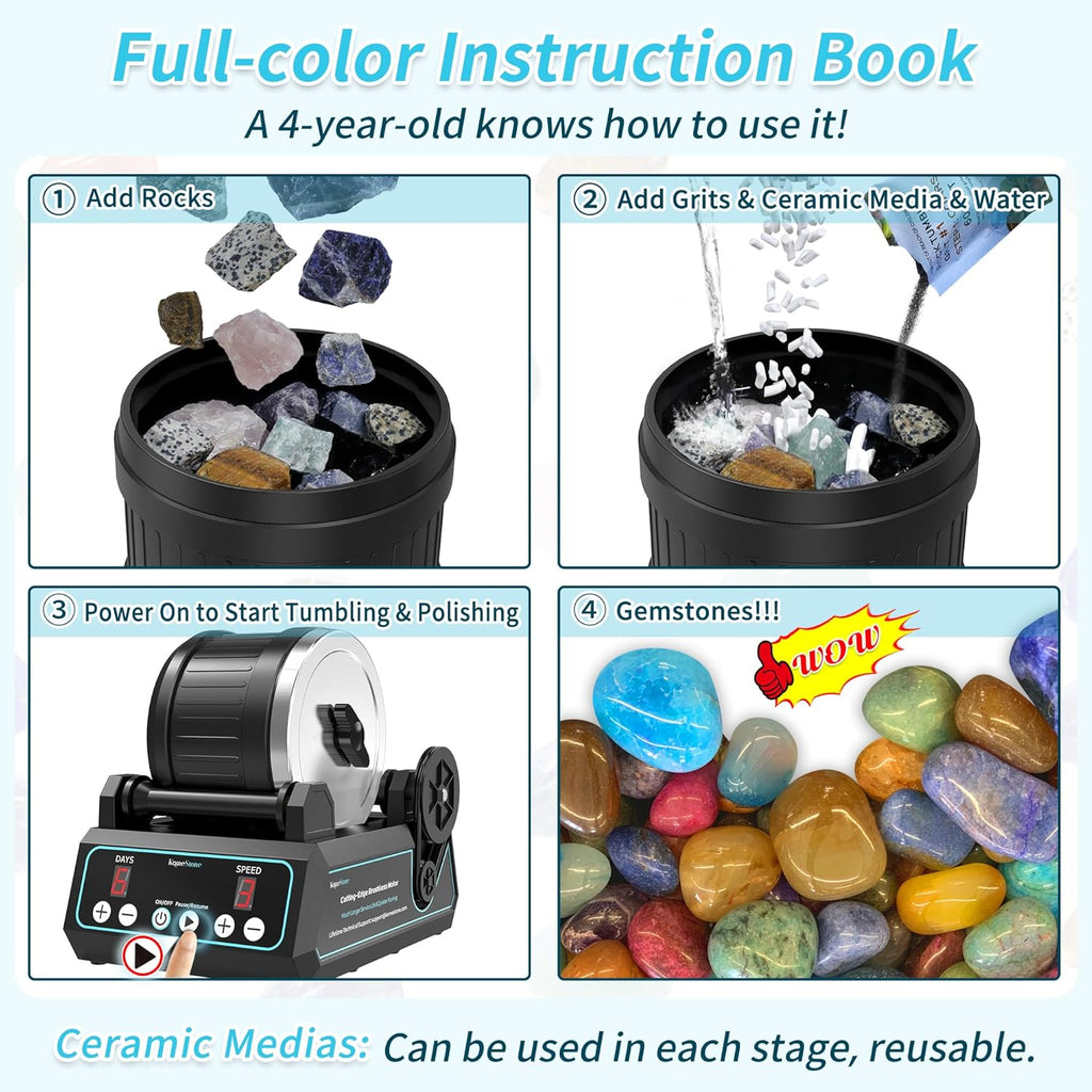 K1 Pro Professional Cutting-Edge Brushless Motor Advanced Rock Tumbler Polisher Kit, Extra Large 2.5Lb Barrel with 3-Speed Motor 9-Day Timer, Belts, Rough Gemstones, 4 Polishing Grits etc.
