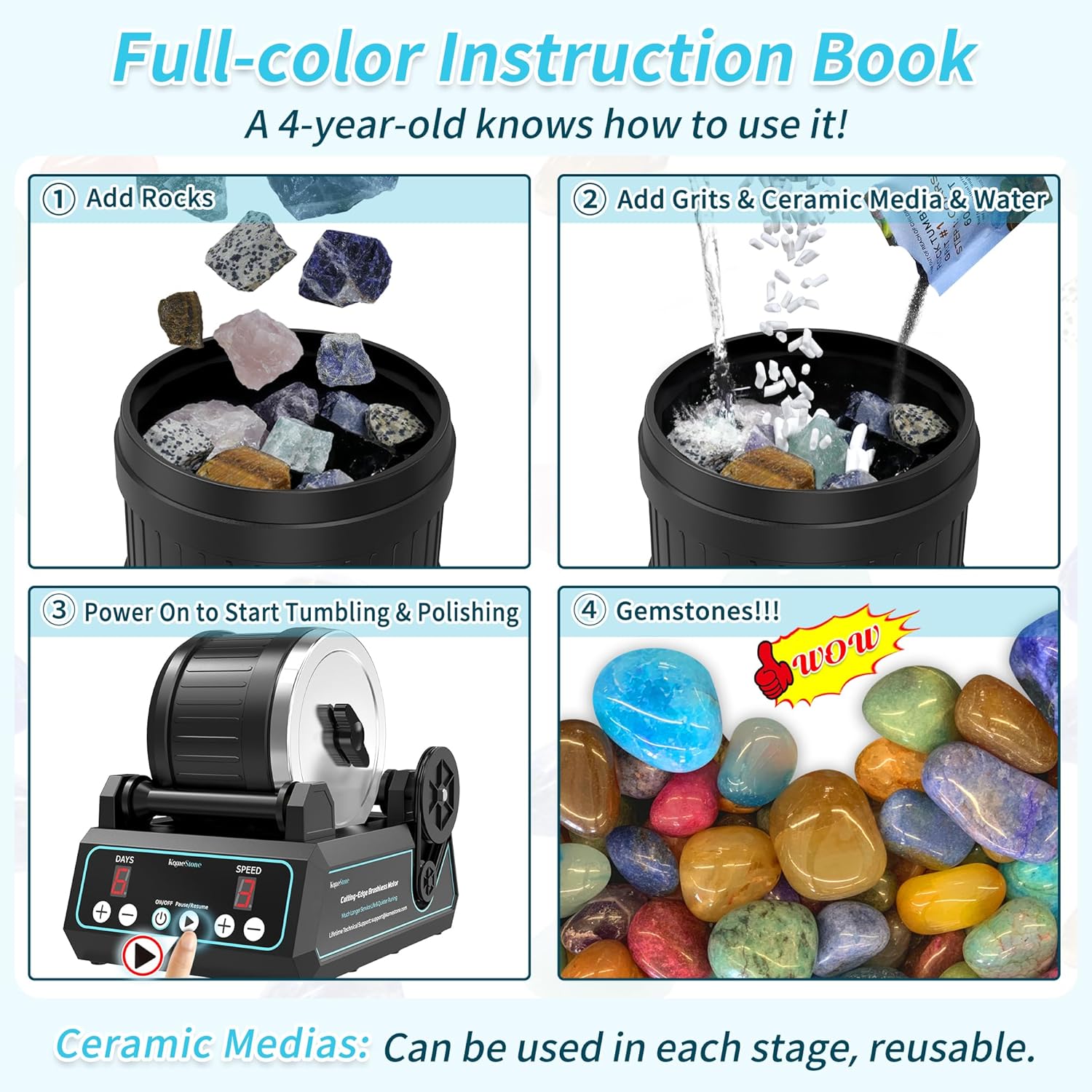 K1 Pro Professional Cutting-Edge Brushless Motor Advanced Rock Tumbler Polisher Kit, Extra Large 2.5Lb Barrel with 3-Speed Motor 9-Day Timer, Belts, Rough Gemstones, 4 Polishing Grits etc.