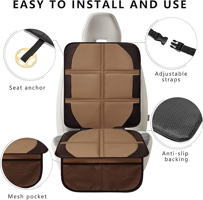 Car Seat Protector, 2 Pack Baby CarSeat Covers with Mesh Pockets & Non-Slip Backing 600D Durable Seat Protectors Under Car Seat for Baby (Black & Brown, Large)