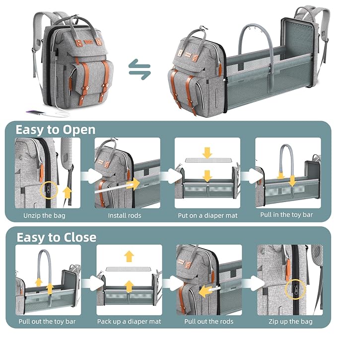 Diaper Bag Backpack with Changing Station, Large Diaper Bag, Baby Bag, Multifunctional Diaper Bag, Gray