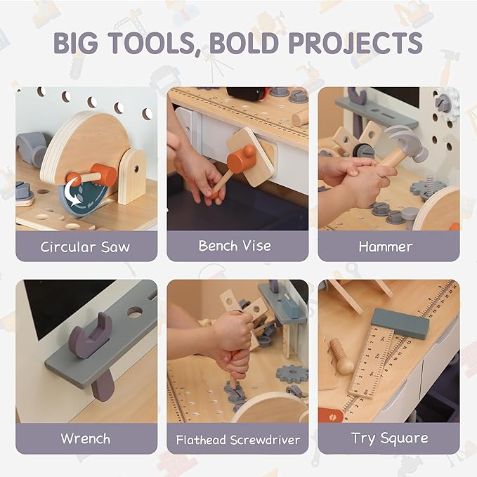 Wooden Kids Tool Bench with Electric Drill, Toddler Tool Bench with Storage Drawers and Platform, Toy Workbench Workshop with Play Tools Set for Boys and Girls, Perfect for Ages 3+