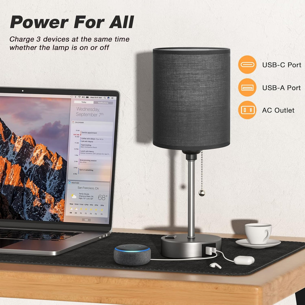 Black Table Lamp for Bedroom Nightstand - 3 Color Temperature Bedside Lamp with USB C and A Ports, Pull Chain Lamp for Bedroom with AC Outlet, Small Lamps Silver Metal Base for Kids Boys/Dorm Room
