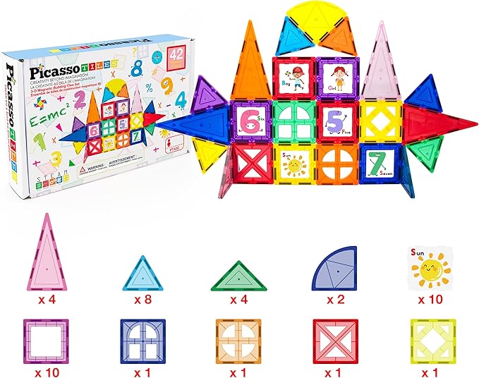 PicassoTiles Magnetic Building Blocks with Tiles and Click-in Educational Graphic Arts Magnet Construction Toy Set STEM Learning Playset Child Brain Development Stacking Playboard