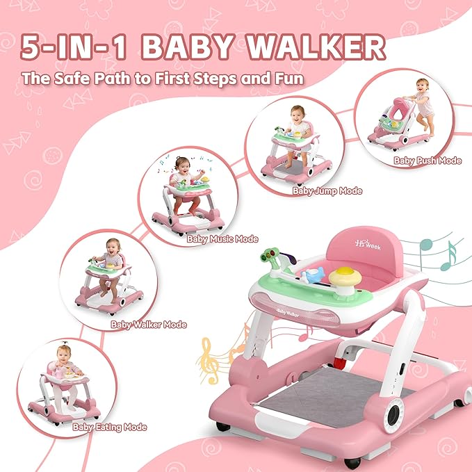 Baby Walker with Wheels, 5 in 1 Walker for Baby Boy Girl 6-12 Months with Bouncer, Music and Lights Baby Jumper Activity Center, Adjustable Height Speed, Push Walker for Ages 6-18 Months Toddler