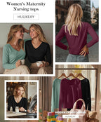 Huukeay 3 Pack Women's Long Sleeve Nursing Tops, Breastfeeding Hidden Zippers Shirts V Neck Maternity Pregnancy Tees Clothes