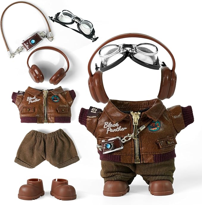 6-Piece 17cm Doll Clothes and Accessories, Retro Style Labu-Clothes-bu with Headphones/Glasses/Leather Jacket/Pants/Shoes/Camera