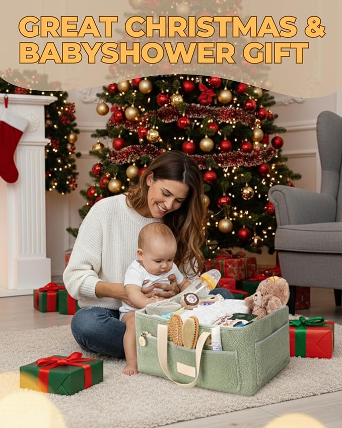 Baby Diaper Caddy Organizer with Portable Changing Mat - Teddy Fleece Diaper Organizer for Changing Table - Basket for Changing Essentials - Baby Essentials Organizer with Removable Dividers