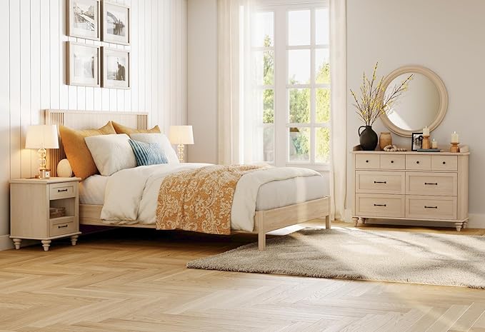 WAMPAT Beige Dresser for Bedroom with 6 Drawers, Farmhouse Kids Dressers with Wide Chest of Drawers, Light Wood Closet Storage Organizer, Baby Dresser for Living Room, Nursery