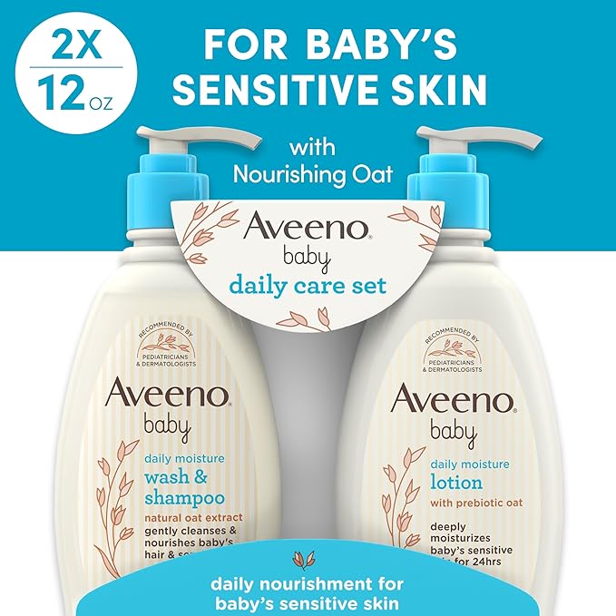 Aveeno Baby Daily Care Gift Set with Oat Extract & Prebiotic Oat, Contains Daily Moisturizing Body Lotion & Gentle 2-in-1 Baby Bath Wash & Shampoo, Hypoallergenic & Paraben-Free, Two Pack