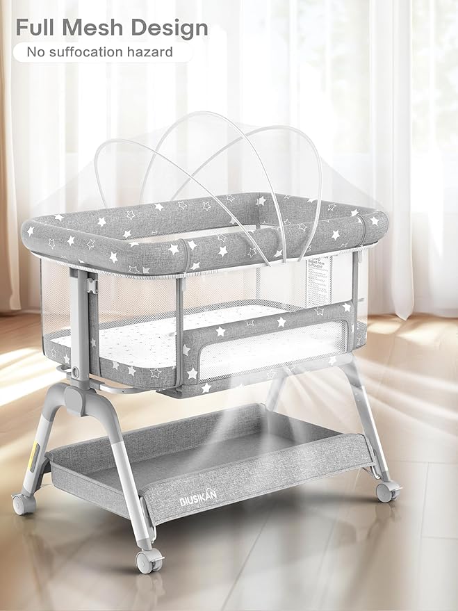 Bassinet Bedside Sleeper, Baby Crib with Mattress and Adjustable Height & Upgraded Wheels, All Mesh Portable Bassinet, Baby Bed for Newborn