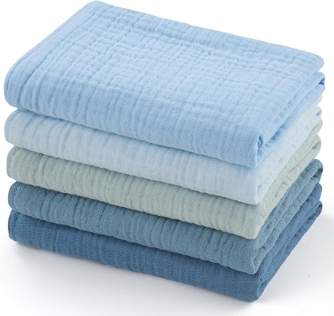 MUKIN Baby Washcloths,Muslin Burp Cloths Towels for Newborns,Absorbent Cotton Bath Face Towel ，5 Pack, 12x12 Inches (Glacier Mist)