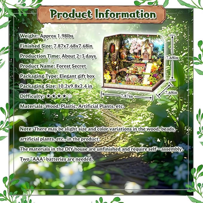 DIY Miniature House Kit, Forest Book Nook Kit with Music, 3D Wooden Puzzles for Adults, Dollhouse Kit with LED Light, Mini Building Kit, Craft Kit for Adults Teen to Build (Forest Garden)