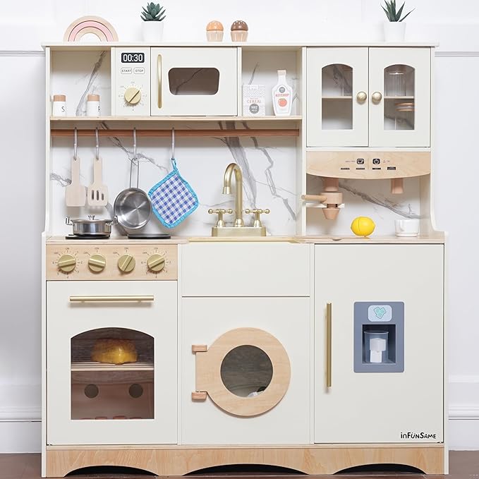 Wooden Play Kitchen for Kids with Realistic and Interactive Features, Includes 20 Toy Kitchen Accessories, Ideal Pretend Playset Gift for Kids and Toddlers Ages 3+