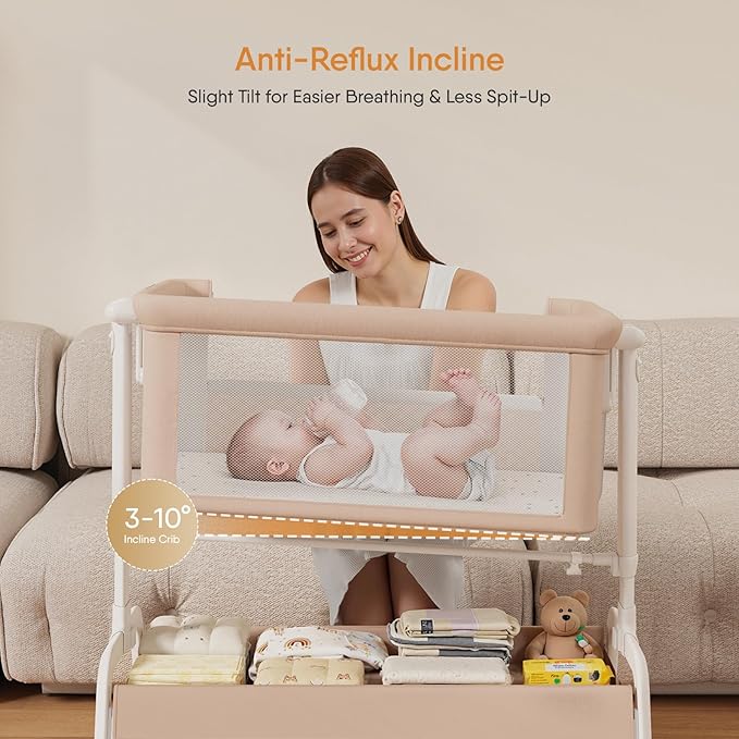 3-in-1 Baby Bassinet, Rocking Bassinet, Bedside Bassinet for Baby, Stable and Secure Bassinet Bedside Sleeper for Newborn & Infant, 6 Height Adjustable with Wheels, Mattress & Breathable Mesh (Khaki)