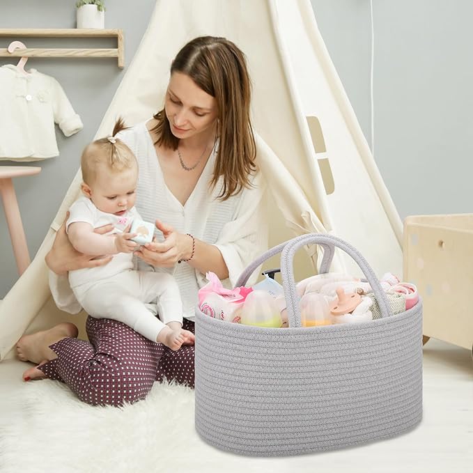 COMSE Large Baby Diaper Caddy Organizer for Girl Boy, Car Caddy with Handles, Cotton Rope Basket for Changing Table, Nursery Organizer, Gift for Baby Shower and Registry Must Have, Cool Gray