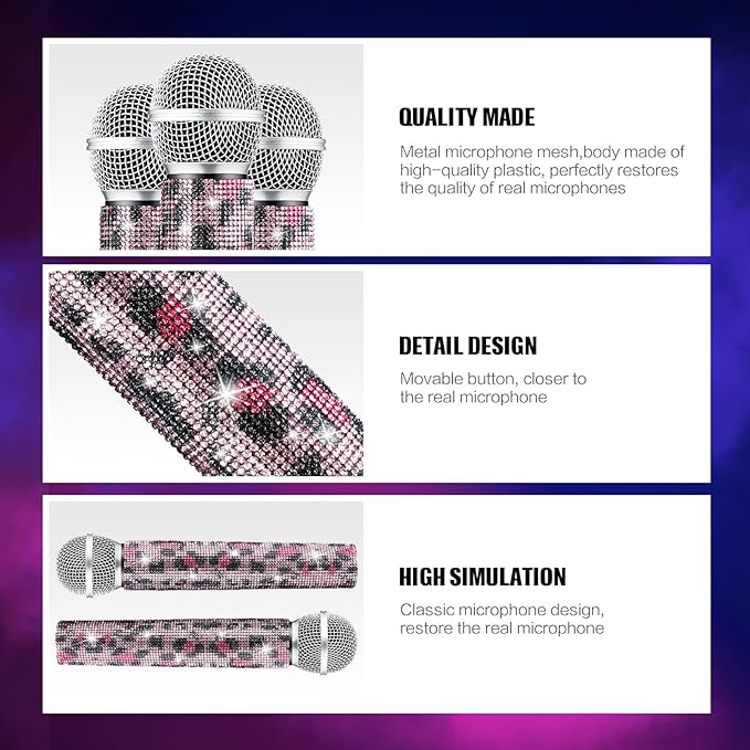 Sanwuta Fake Microphone Prop Sparkly Bling Rhinestones Plastic Play Microphone Pretend Glitter Bedazzled Mic for Cosplay Party Costume(Pink Leopard)