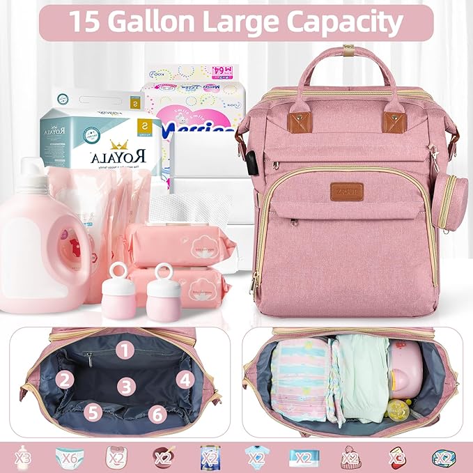 Baby Diaper Bag Backpack,Baby Shower Gifts, Multifunctional Travel Diaper Bag, Gifts for Mom with Portable Diaper Pad,Pink