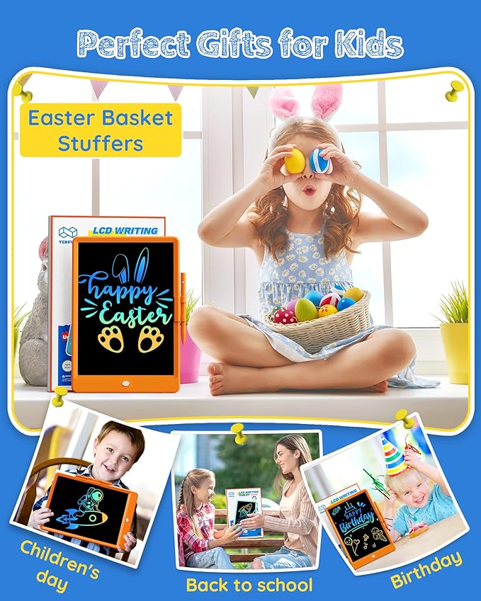 TEKFUN Toys for Girls Boys 10IN LCD Writing Tablet, Magic Doodle Board with Anti-Lost Stylus, Mess Free Coloring for Toddlers Drawing Pad, Toddler Travel Car Plane Trip Toys Gifts (Orange)