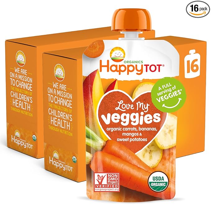 HAPPYTOT Organics Stage 4 Baby Food Pouches, Gluten Free, Vegan Snack, Love My Veggies, Fruit & Veggie Puree, Carrot, Banana, Mango & Sweet Potato, 4.22 Ounce (Pack of 16)