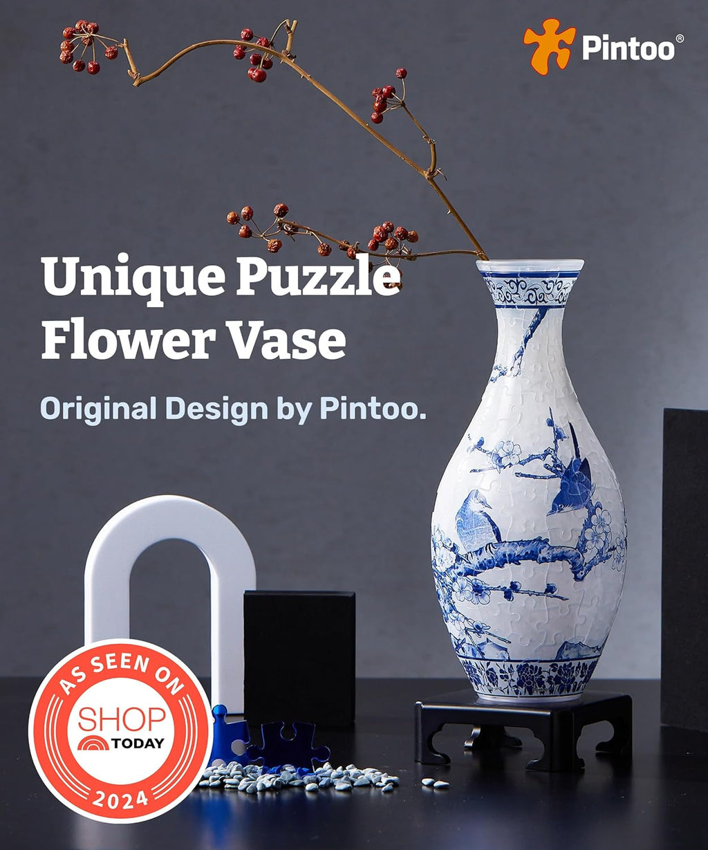 Pintoo 3D Puzzle Vase Unique Flower Vase Made by 160 Curved Plastic Puzzle Pieces House Warming Gift for Flower Arrangements and Home Decoration - [S1025] (Translucent, Magpies on Plum Tree)