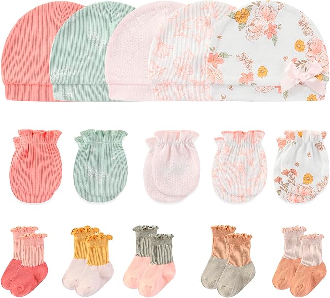 Newborn Baby Boy Girl Caps Mittens Socks Set Cotton Baby Essentials Accessories (Hats+Gloves+Socks)