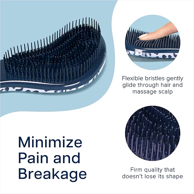 Crave Naturals Glide Thru Detangling Hair Brush for Adults and Kids - Detangler Hairbrush for Curly or Straight, Wet or Dry Hair - Gentle on Tangles Comb - Navy Blue and Blue Cheetah (Pack of 2)