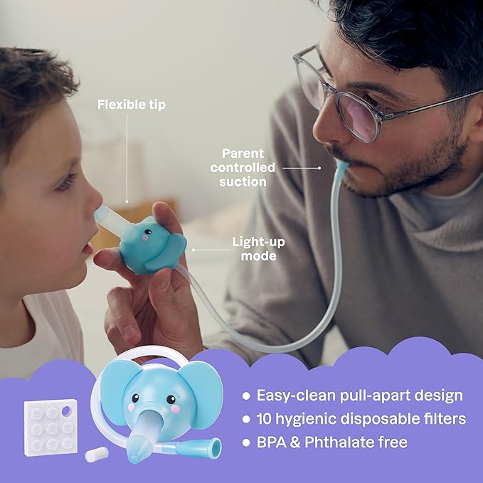 Booger Buddy Nasal Aspirator, Elephant - with LED Light for Babies & Toddlers – BPA-Free Snot Remover for Infant Stuffy Nose and Congestion Relief – Easy to Clean Design