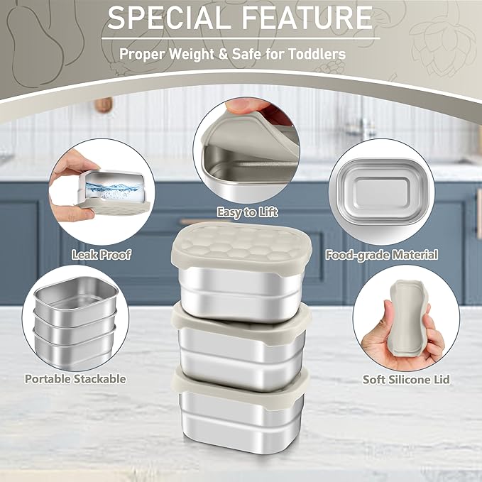 HaWare Stainless Steel Snack Containers for Toddlers and Kids, 8 oz Leak Proof Food Storage Containers with Khaki Silicone Lids, Stackable Small Metal Lunch Box for Daycare and School- 3 Packs