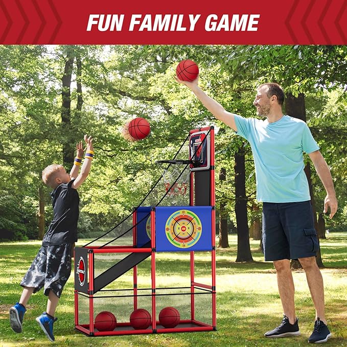 Basketball Arcade Game Indoor Outdoor, Kids Basketball Hoop with 4 Balls & Pump, Single Shot Basketball Game at Home, Carnival Games Sport Toys Gifts for Boys Girls Teens