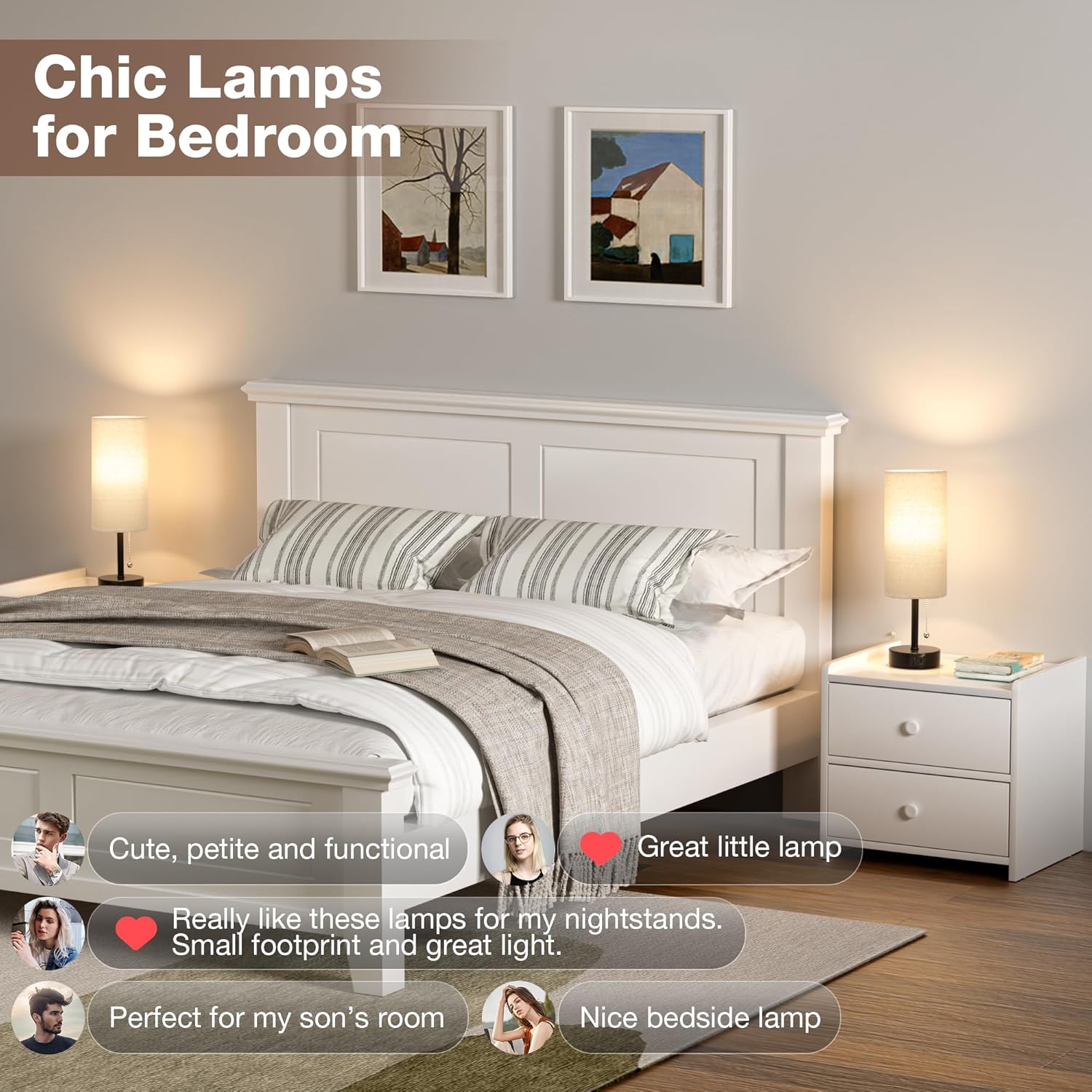 Bedside Lamps for Bedroom Set of 2 - Nightstand Table Lamp with USB A + C Charging Port, 3 Color Temperatures Pull Chain Night Stand Light, Side Table Desk Reading Lamp for Living Room/Dorm Room