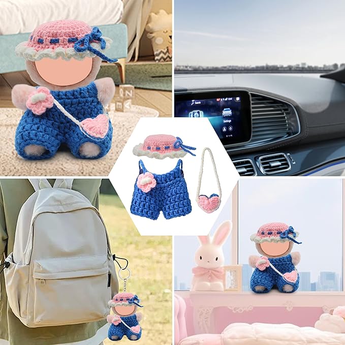 Handmade 17cm Doll Clothes - Purely Hand Crocheted Overalls Hat & Heart-Shaped Bag, Easy Put On, No Doll, 17cm Doll Accessories for Gifts
