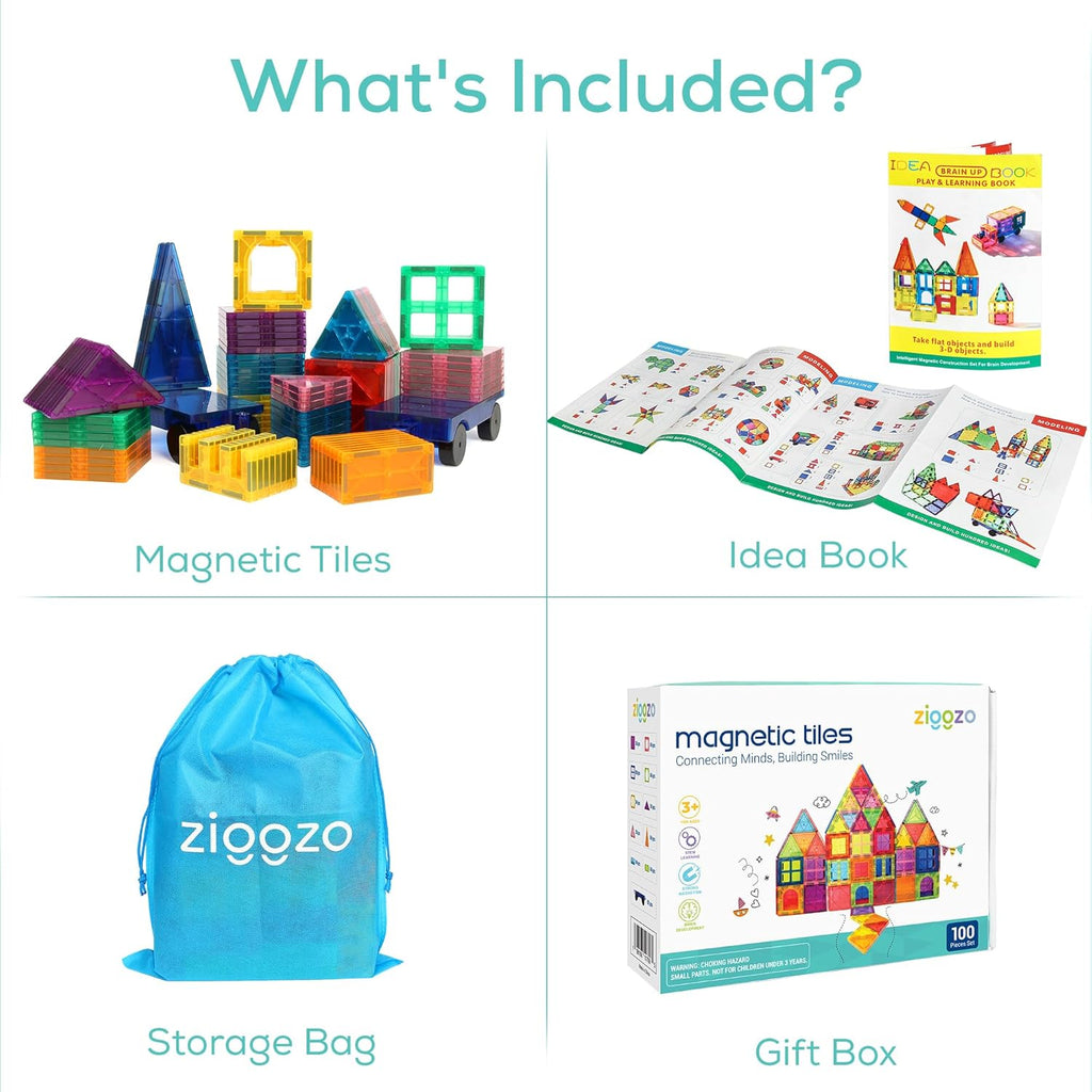 Ziggzo Magnetic Tiles for Kids Ages 4-8 | 100 Magnet Tiles with Storage Bag and 2 Cars | STEM Building Blocks for Creative Learning