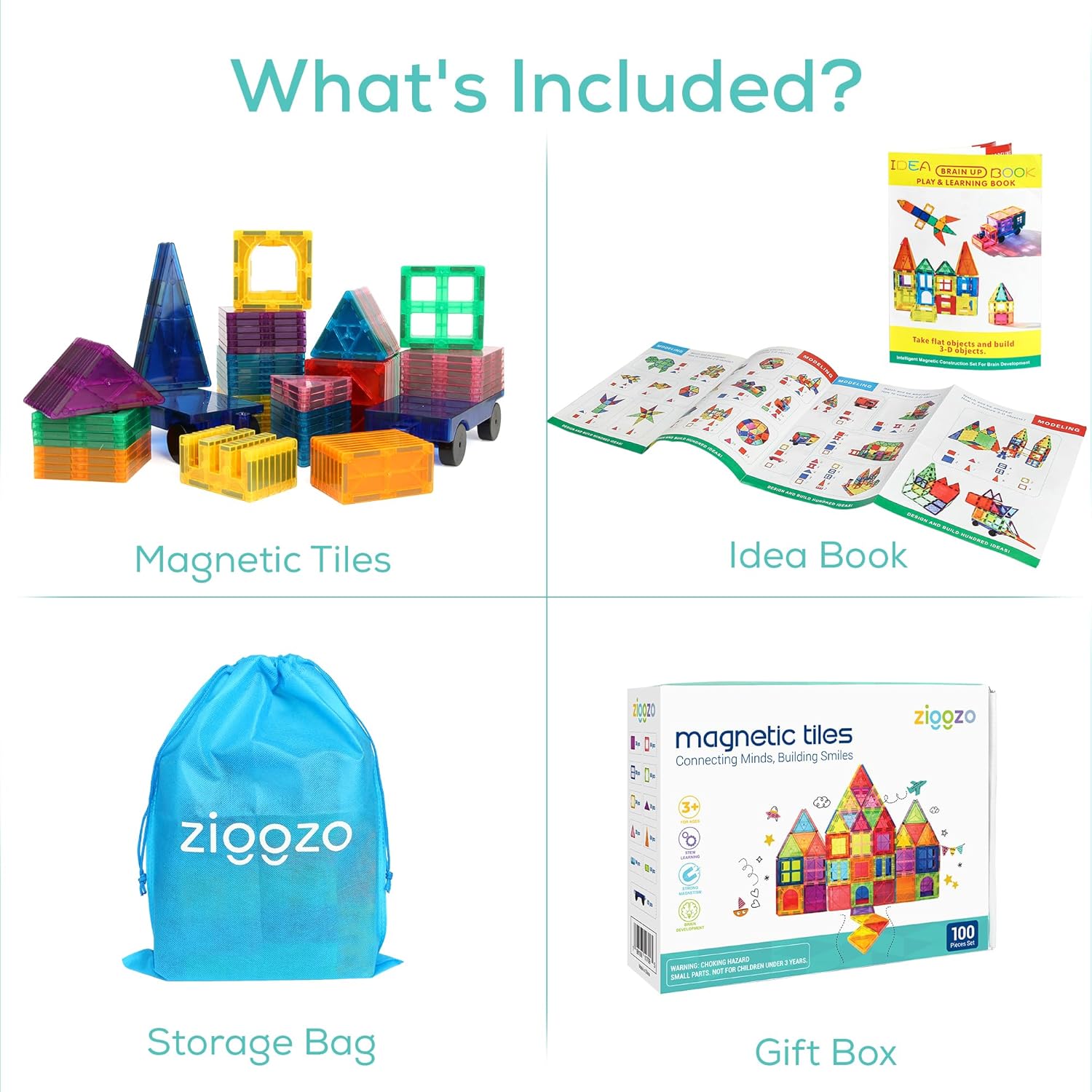 Ziggzo Magnetic Tiles for Kids Ages 4-8 | 100 Magnet Tiles with Storage Bag and 2 Cars | STEM Building Blocks for Creative Learning
