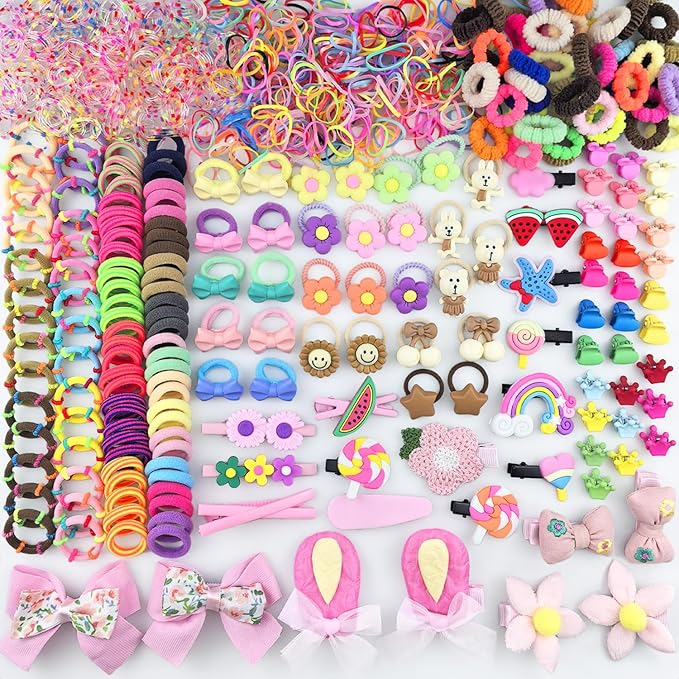 923 Pcs Toddler Hair Accessories - Baby Girls Elastic Ties, Soft Rubber Bands With Bow Clips, Claws - Assorted Supplies for Little One Kids With Thin Hair