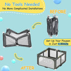 Foldable Playpen for Babies and Toddlers, 50" X 50" Large Collapsible Play Pen with Basket, 4 Handlers & 50 Ocean Balls, Portable Travel Play Yard with Carry Bag, No Installation, Grey