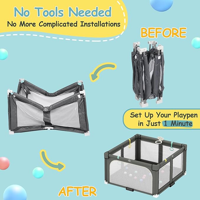 Foldable Playpen for Babies and Toddlers, 50" X 50" Large Collapsible Play Pen with Basket, 4 Handlers & 50 Ocean Balls, Portable Travel Play Yard with Carry Bag, No Installation, Grey