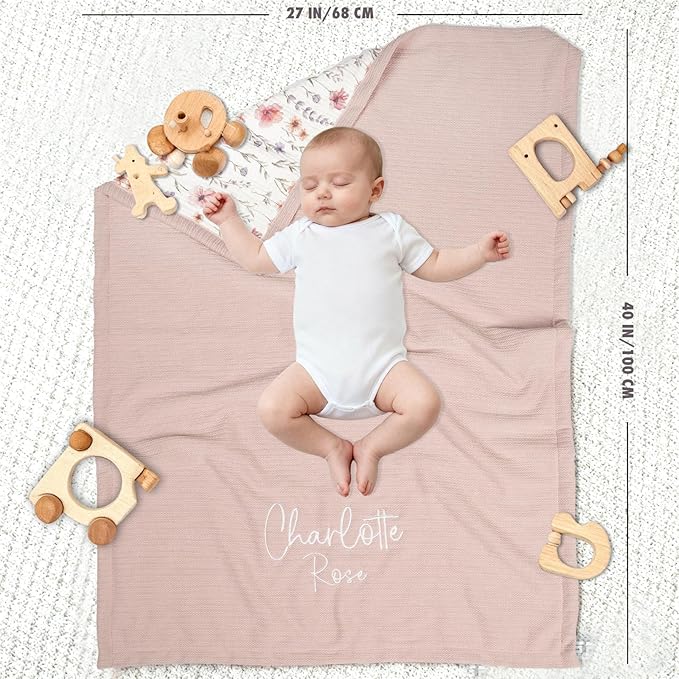 Personalized Baby Blanket with Name – Custom Knit Blanket, 27x40in Floral Embroidered Nursery Blanket for Girls – Customized Baby Blanket, Soft Newborn Gift & Custom Baby Gifts (Baby Pink)