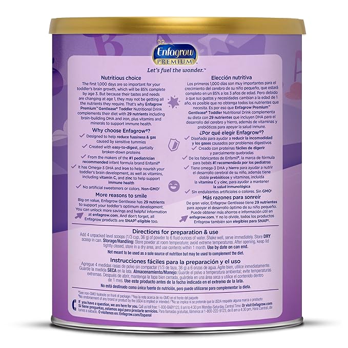 Enfagrow PREMIUM Gentlease Toddler Nutritional Drink, Made with Real Milk, Designed to Ease Fussiness, Gas & Crying, Nutrients for Growth & Immune Support, Powder Can, 29.1 Oz (Pack of 4)