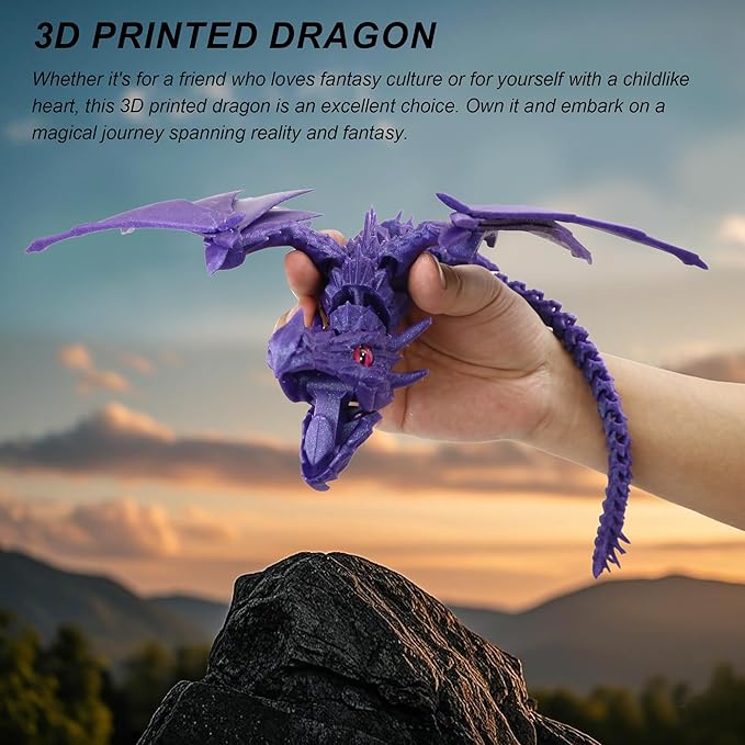 3D Printed Dragon with Wings, Fidget Dragon Toys, 3D Printed Animals, Flexible Articulated Winged Crystal Dragon Model,Home Office Decor Desktop Pet(Silk Black)