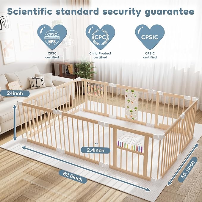 Foldable Wooden Baby Playpen Activity Center,Adjustable Size & Shape Portable Play Yard, Baby Fence Play Area with Gate for Indoor Use for Babies and Toddlers(82x55x24inches)